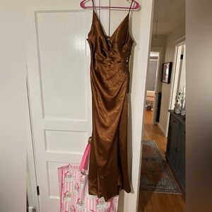 Galina Signature Satin V-Neck Charmeuse Draped Long Bridesmaid Dress